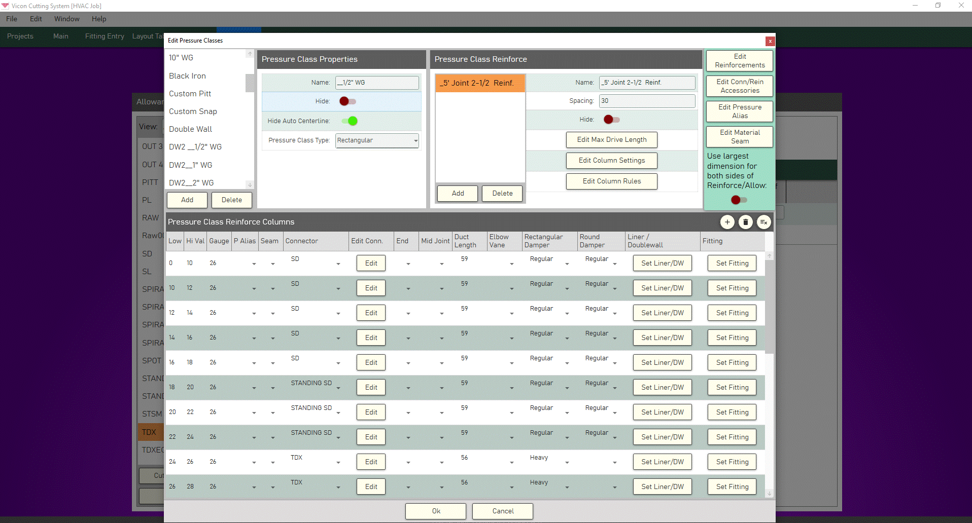 Vicon HVAC Software Pressure Classes Screen